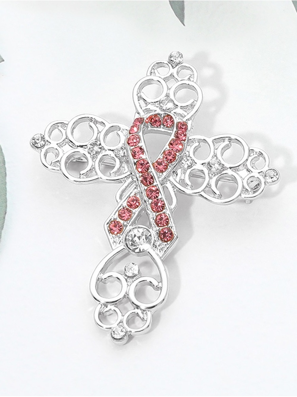 Pink Ribbon Cross Brooch - Silver Tone Women’s Jewelry